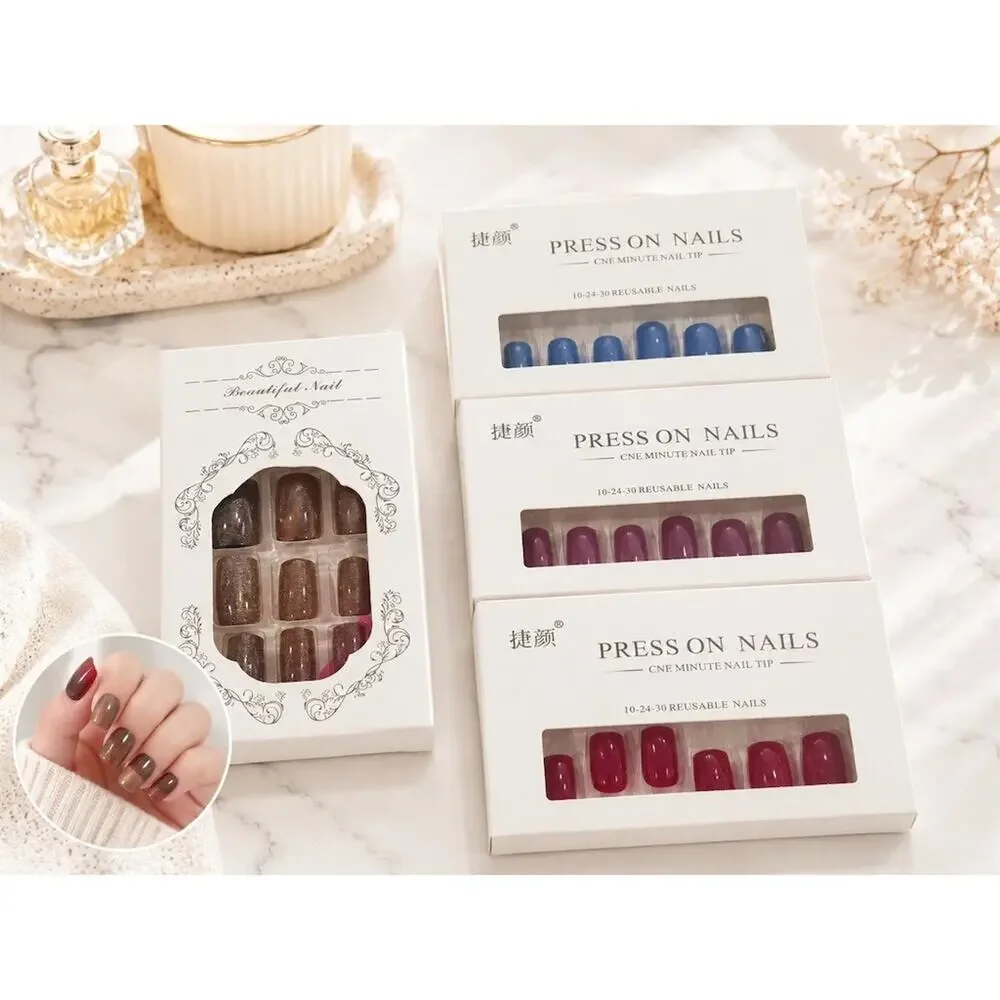 Set of 4 Reusable Press-On Nail Sets w/ Glue Blue Purple Red Glitter cute bundle
